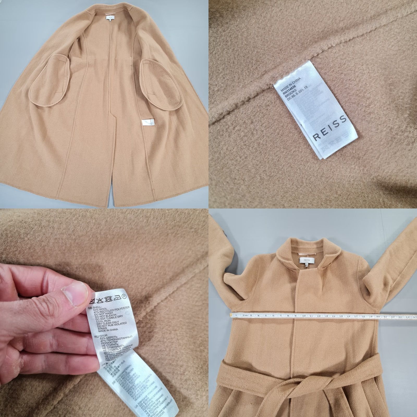 Reiss VINTAGE Reiss Coat Beige 8 UK Long Wool Blend Belted Pockets Women Size M / US 6-8 / IT 42-44 - 8 Thumbnail