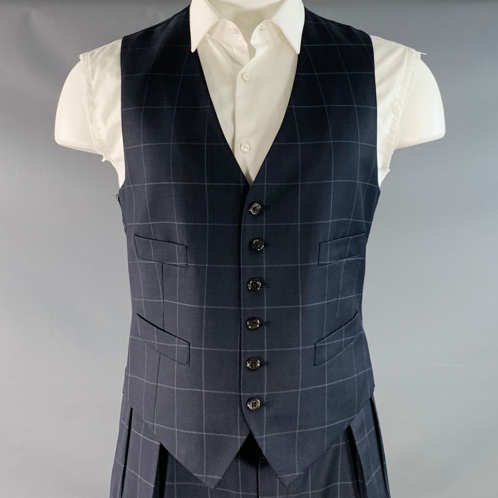 Polo Ralph Lauren Size 40 Regular Navy Grey Checkered Virgin Wool 3 Piece Suit Size 40R - 4 Thumbnail