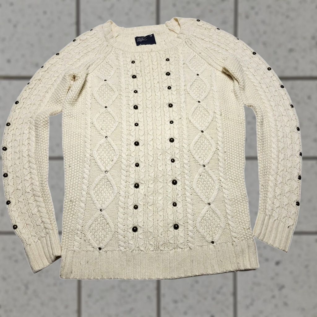 American Eagle Outfitters VINTAGE American Eagle Outfitters Sweater Womens Cable Knit Cream Long Pullover Size Small Y2K Size S / US 4 / IT 40 - 1 Thumbnail