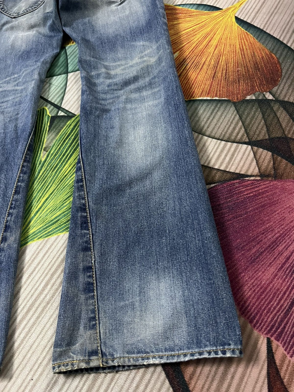 Japanese Brand 💥Twist Leg💥Purple & Yellow Distress Backle Back Flare Jean Size US 31 - 19 Thumbnail