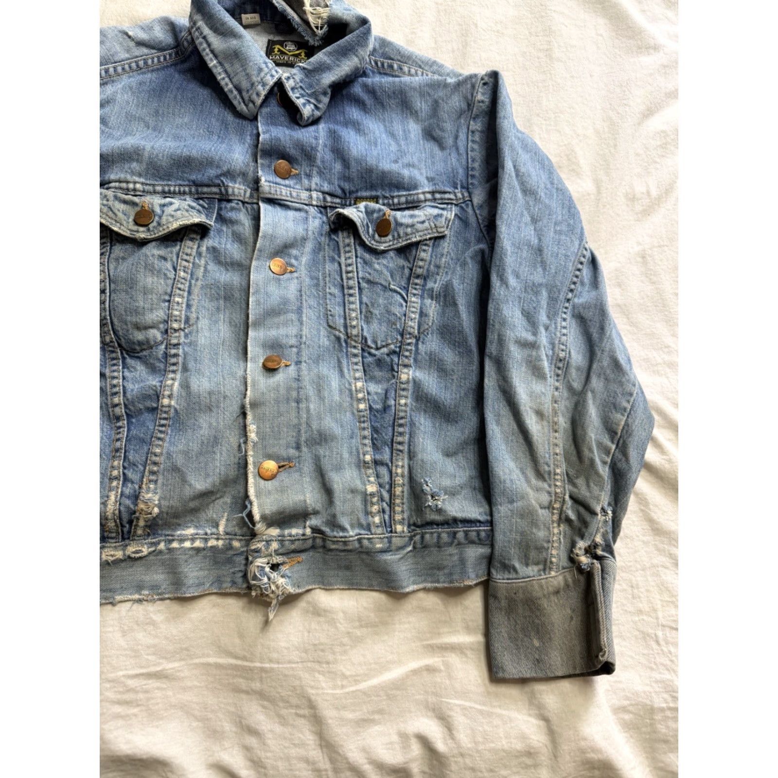 VINTAGE Mavericks Trucker Jacket Mens 42 Blue Denim Distressed Blue Bell Regular Jacket Mens Background edited