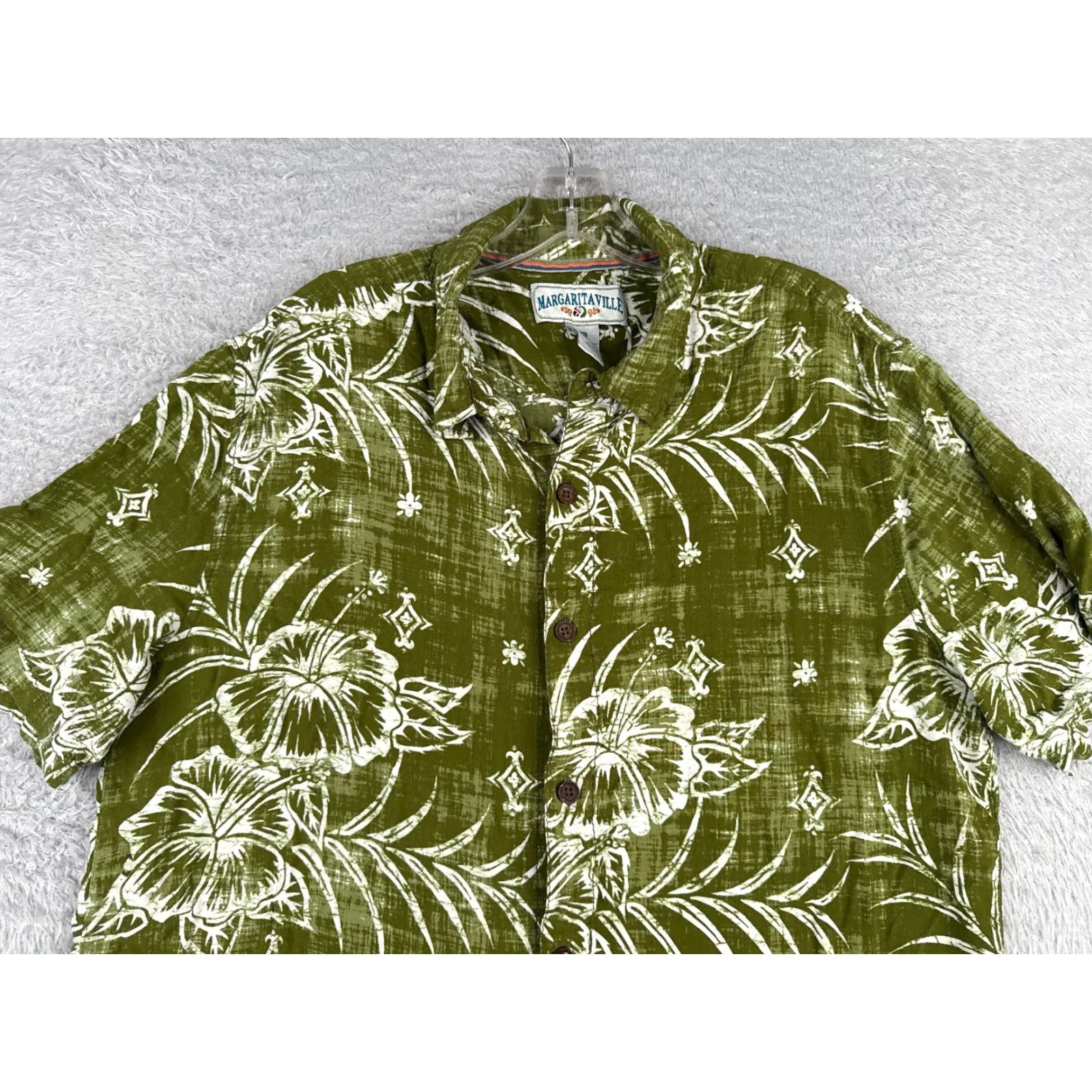 Vintage Margaritaville Shirt Men Large Green Floral Leaf 100% Rayon Hawaiian Button Up Size US L / EU 52-54 / 3 - 4 Thumbnail