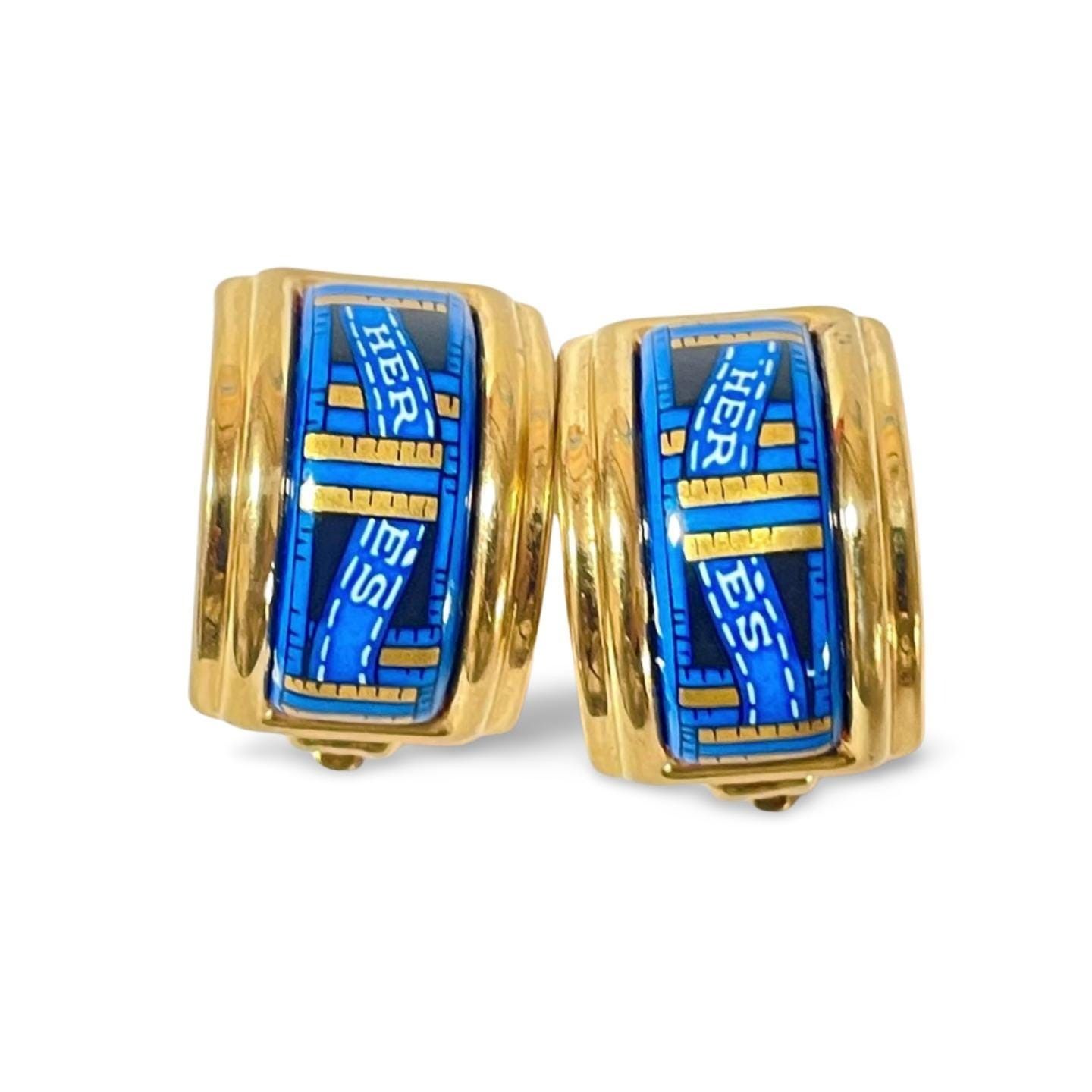 Hermes Vintage Hermes cloisonne, enamel golden earrings with blue Size ONE SIZE - 1 Thumbnail