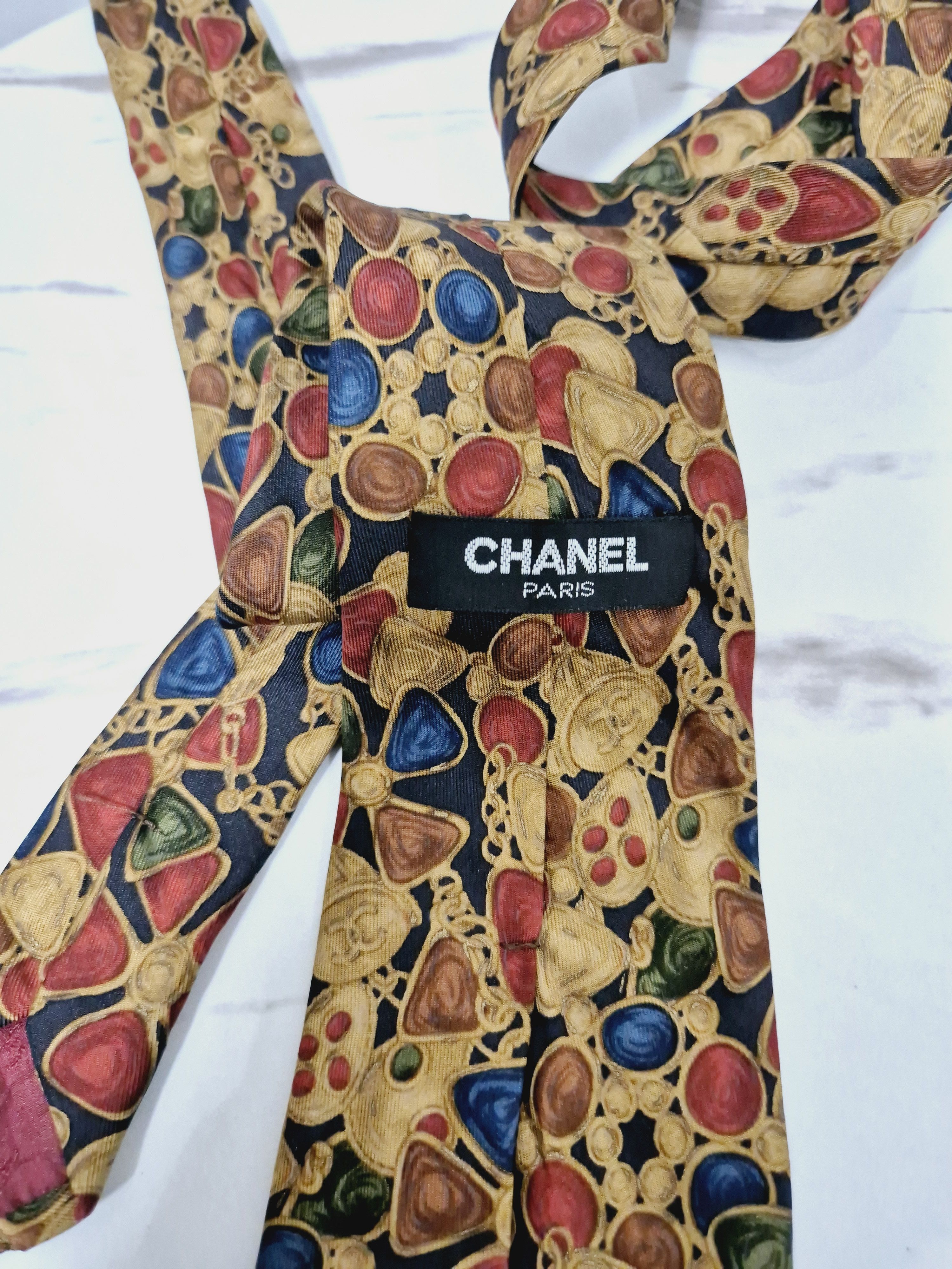 Chanel Chanel Vintage Multi Gem Jewelry Print Silk Tie Size ONE SIZE - 3 Thumbnail