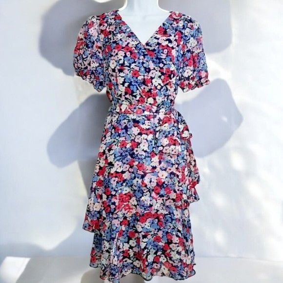 Elie Tahari Tahari Womens Navy Vneck Short Sleeve Tiered Dress NEW 2 Size XS / US 0-2 / IT 36-38 - 7 Thumbnail