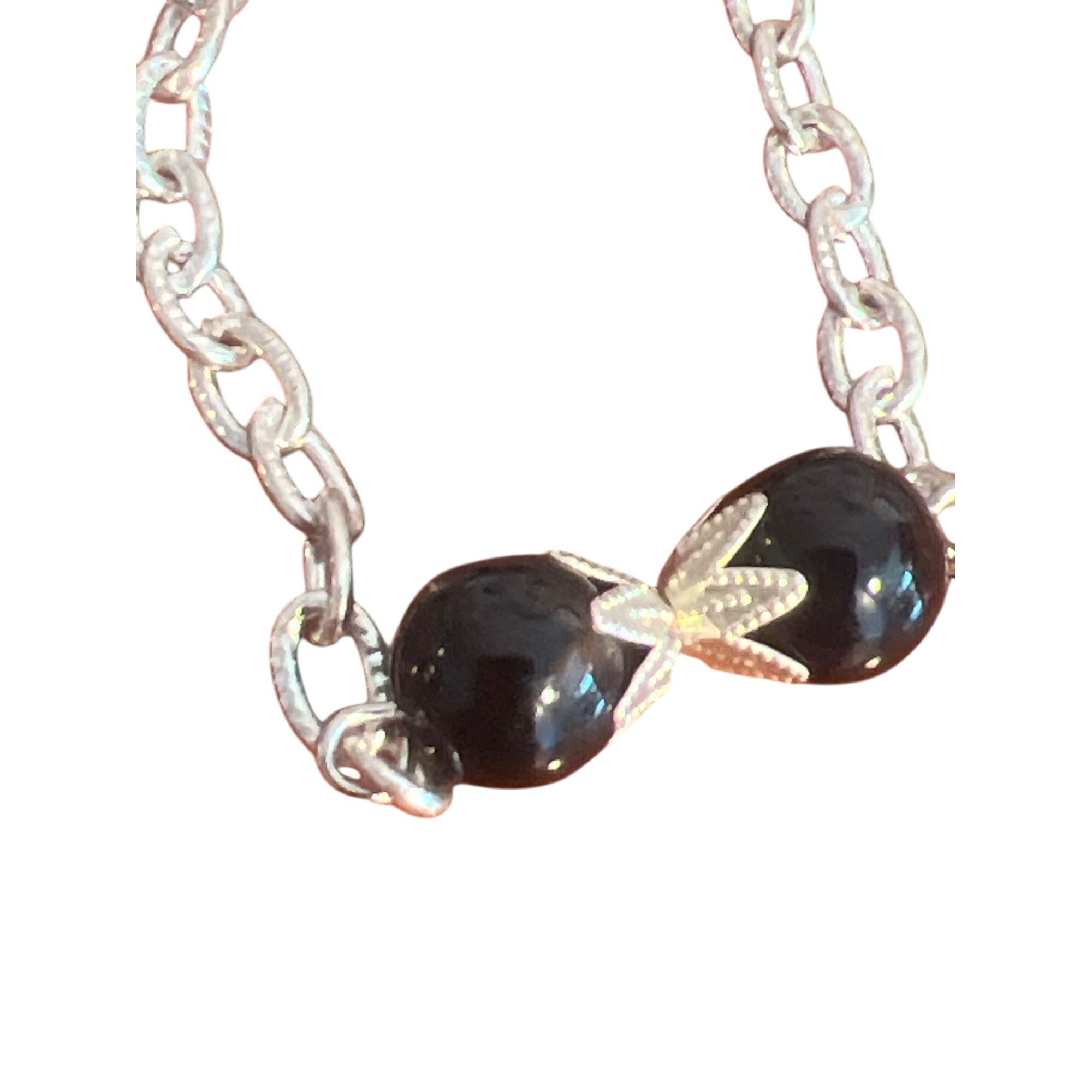 Other Vintage Silver Tone Chain Necklace Black Glass Beads Leaf No Size ONE SIZE - 2 Thumbnail