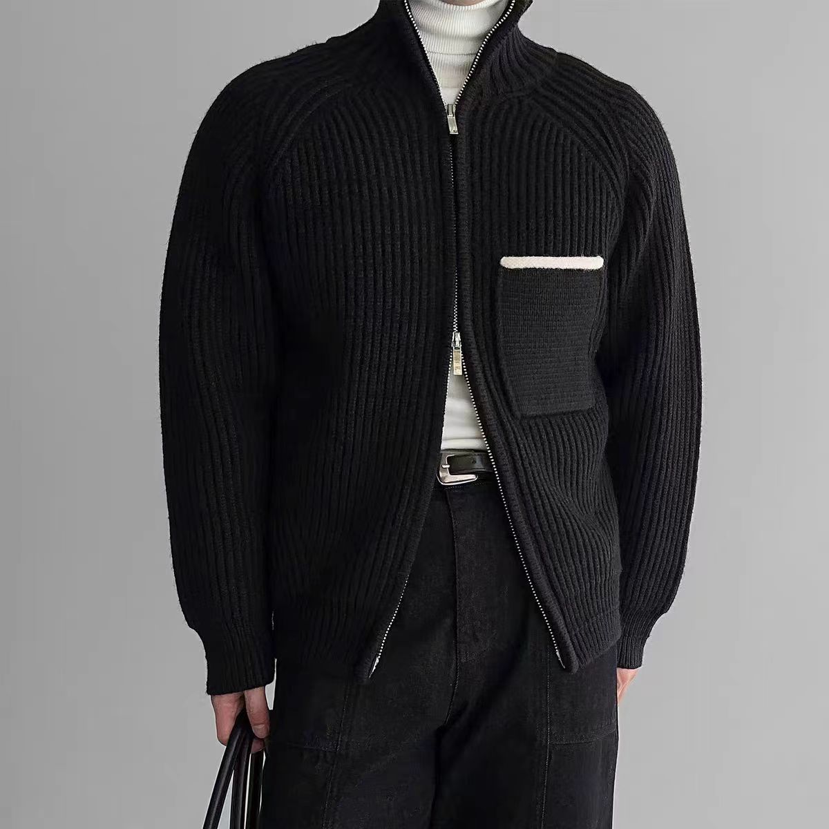 Japanese Brand Vintage Black Double Zipper Knit Stand-Up XL Jacket Coat Size US XL / EU 56 / 4 - 1 Thumbnail