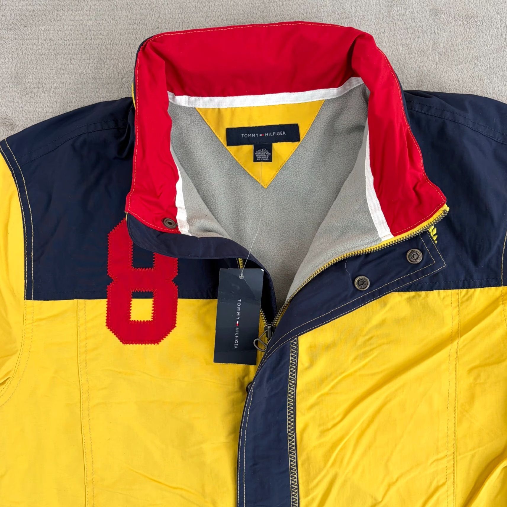 Tommy Hilfiger Spell Out Crest New York Full Zip Jacket Men Large Colorblock Multi color Windbreaker Zip Pockets Logo 90s Preppy American NA