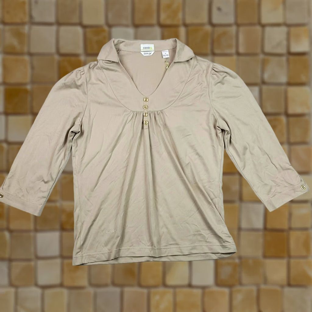 Izod VINTAGE IZOD Golf Tennis Polo Shirt Women's Size M Beige Pleated Cap Sleeve Long Sleeve Size M / US 6-8 / IT 42-44 - 1 Thumbnail