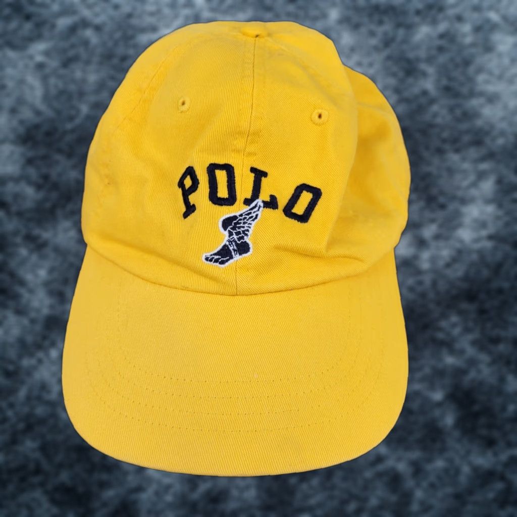 NWT POLO RALPH LAUREN PWING LOGO POLO SPELL OUT GOLD BUGLE CHINO BALL CAP Mens One Size Gold 6 Panel Leather Strap Cotton Hat