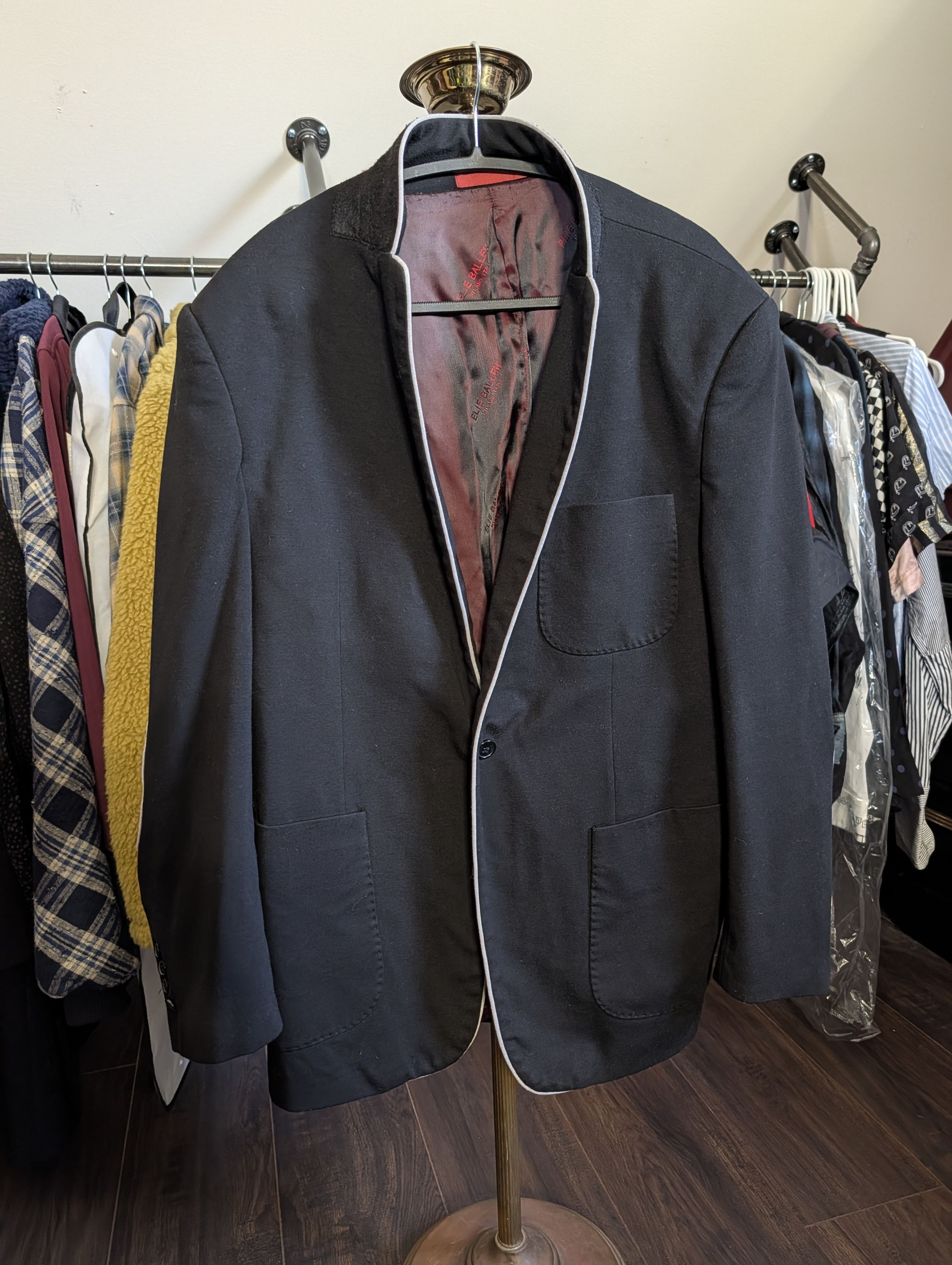 Elia Maurizi ELIE BALLEH Black fleece elbow patch smoking jacket Size 42R - 4 Thumbnail