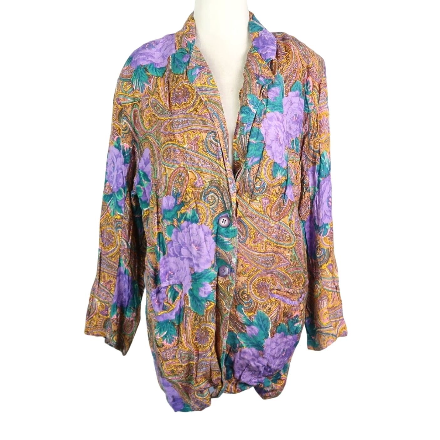 Vintage VINTAGE 90s Floral Blazer Jacket Women's M Yellow Purple Rose Paisley Rayon Button Vintage Blazer 90s Bohemian Hippie Floral Women M Adults Mens? Size M / US 6-8 / IT 42-44 - 2 Thumbnail