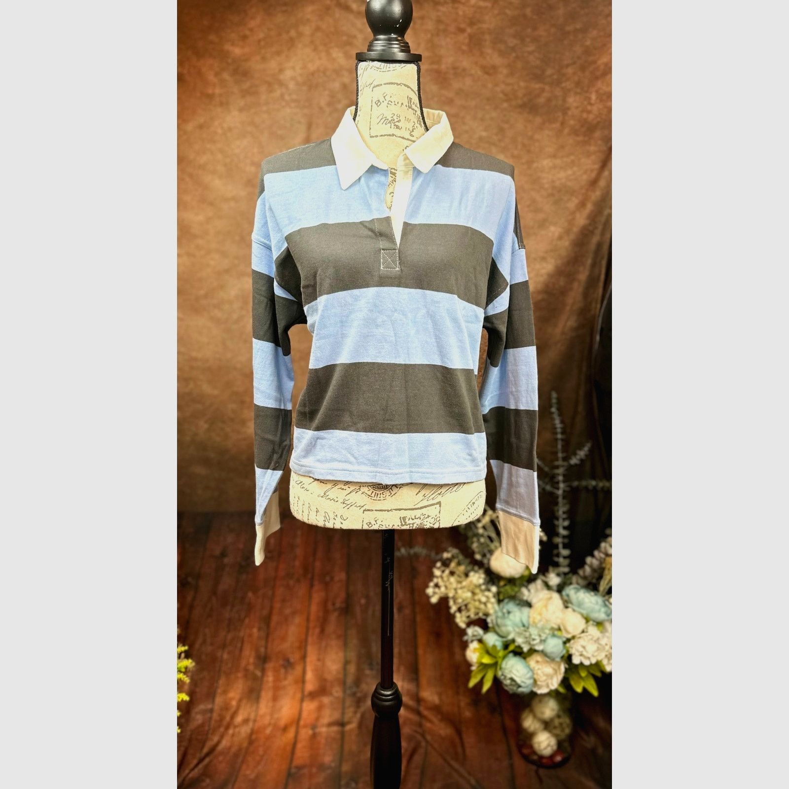Other Aerie Striped Cropped Long Sleeve Collared Top Blue Black L Size L / US 10 / IT 46 - 6 Thumbnail