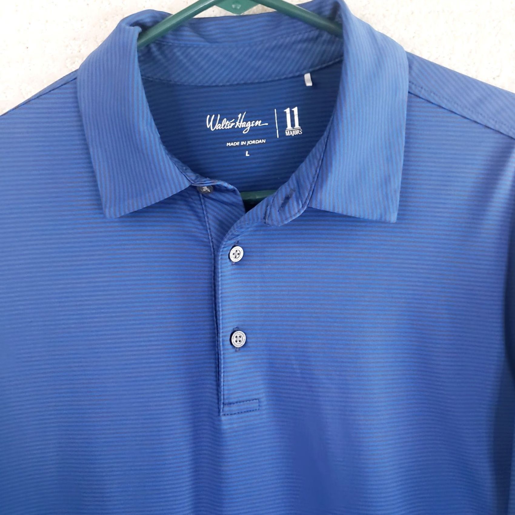 Vintage Walter Hagen 11 Majors Polo Shirt Mens L Blue Charcoal Striped Golf Stretch Activewear Polo Short Sleeve Casual Workwear Knit Polyester Blend Size US L / EU 52-54 / 3 - 3 Thumbnail
