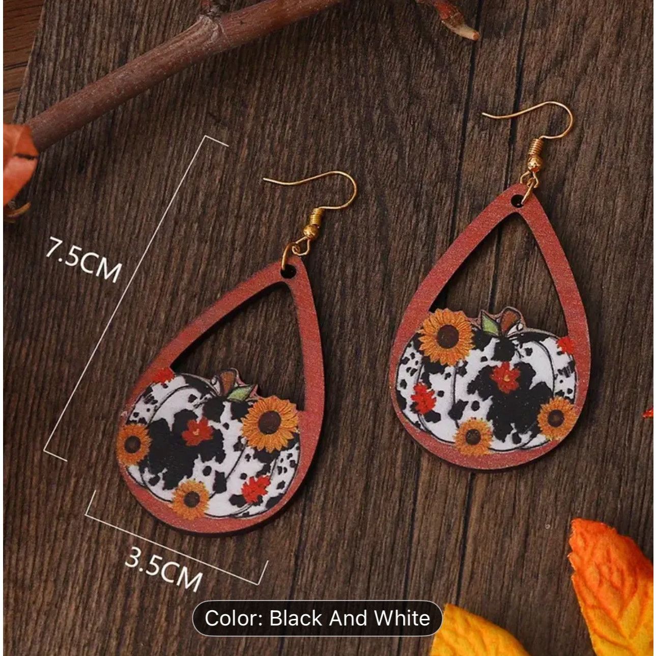 Handmade Thanksgiving Earring Cow Print Sunflower Pumpkin Wood Dangle Size ONE SIZE - 4 Thumbnail