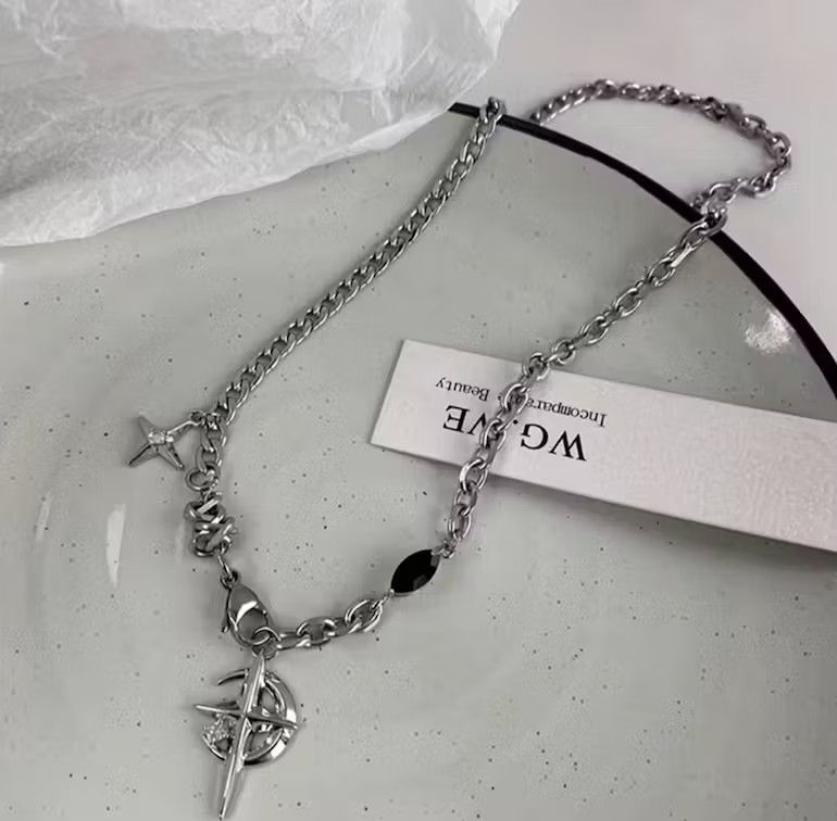 Jewelry Cross Chrome Crescent Moon Chain Silver Goth Vibe Necklace Size ONE SIZE - 3 Thumbnail