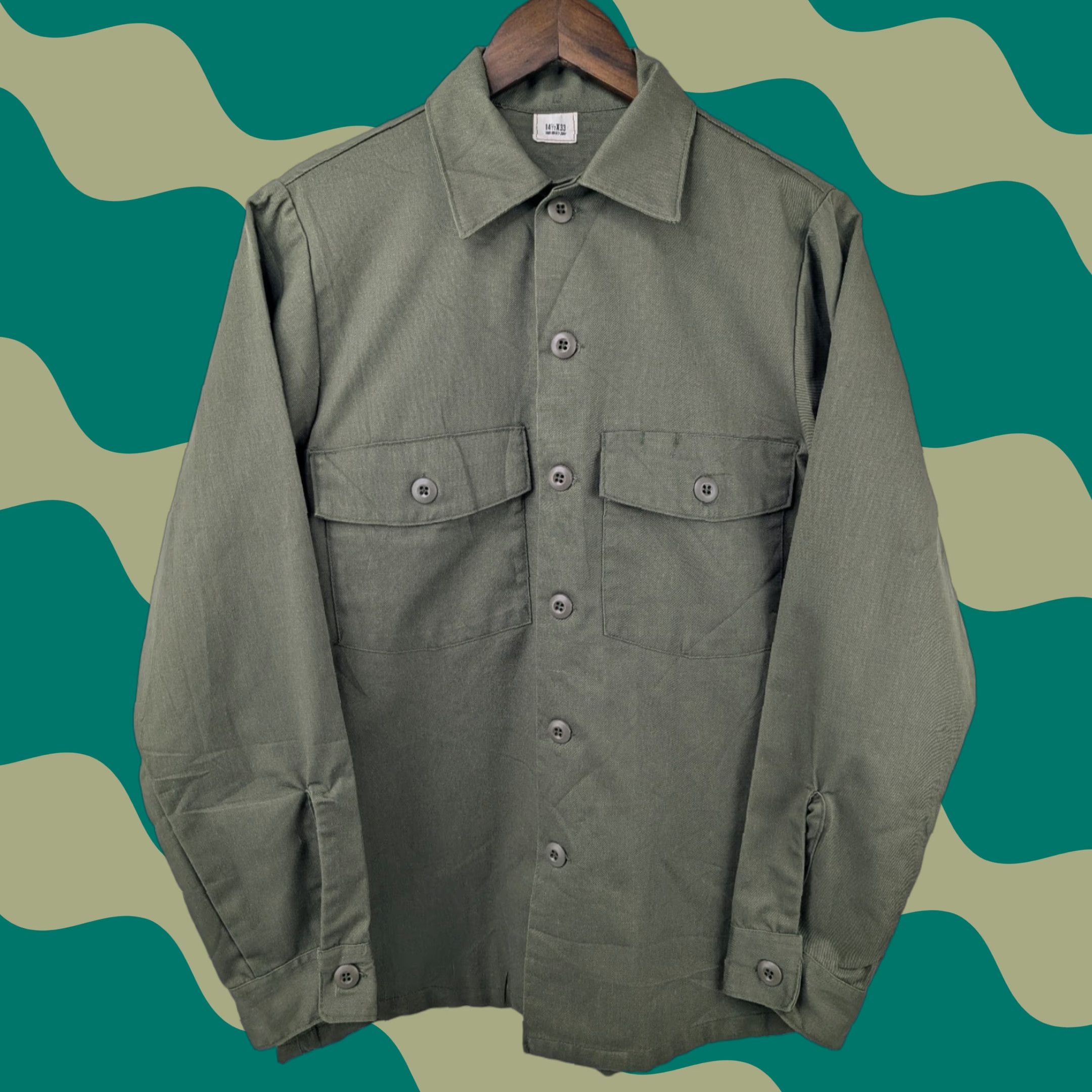 Olive VINTAGE Military Shirt Mens M/L 80s Olive Green Button-Up Collared Twill Dura-Press Wrinkle-Resistant Pockets US Made Size US M / EU 48-50 / 2 - 1 Thumbnail