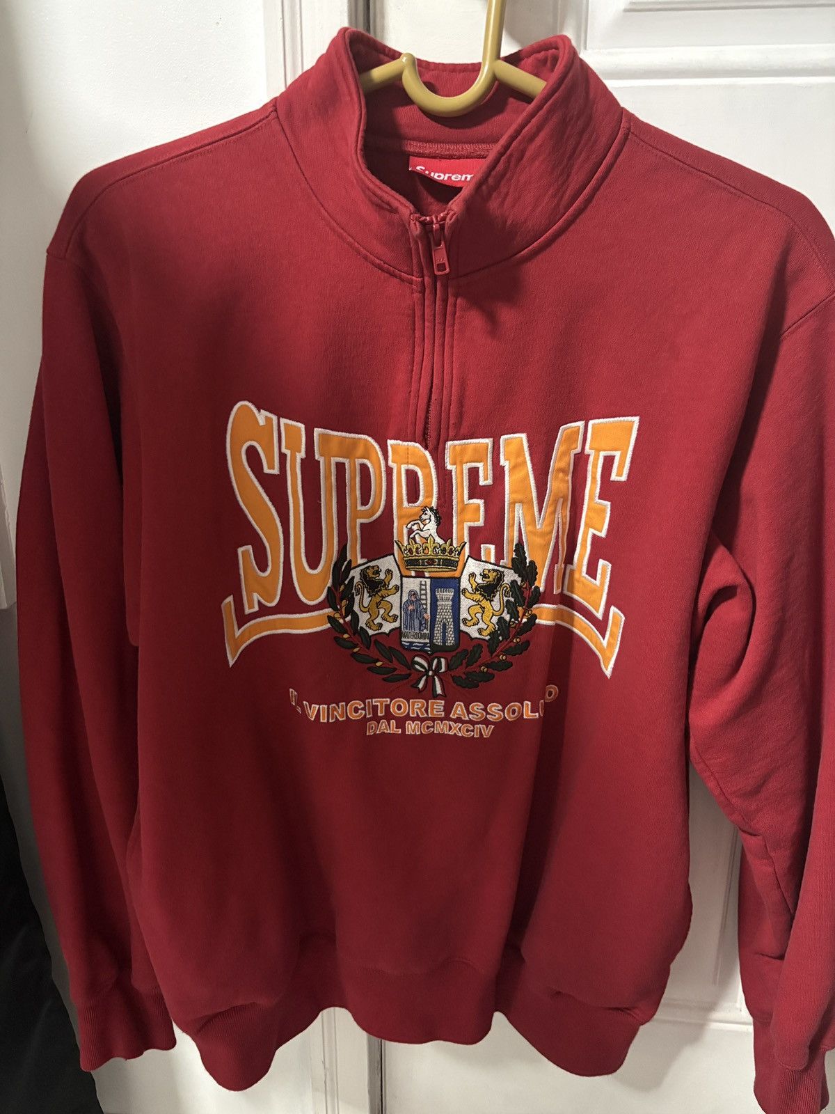 Supreme Crest Applique Half Zip Red Pullover Sweater