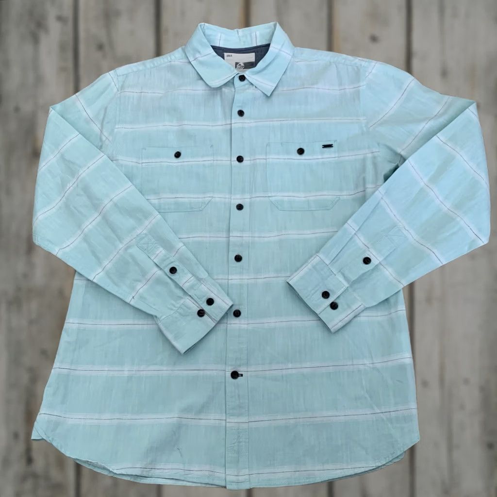 REEF Reef Shirt Mens Large Aqua Blue Striped Button Up Long Sleeve 100% Cotton Size US L / EU 52-54 / 3 - 1 Thumbnail