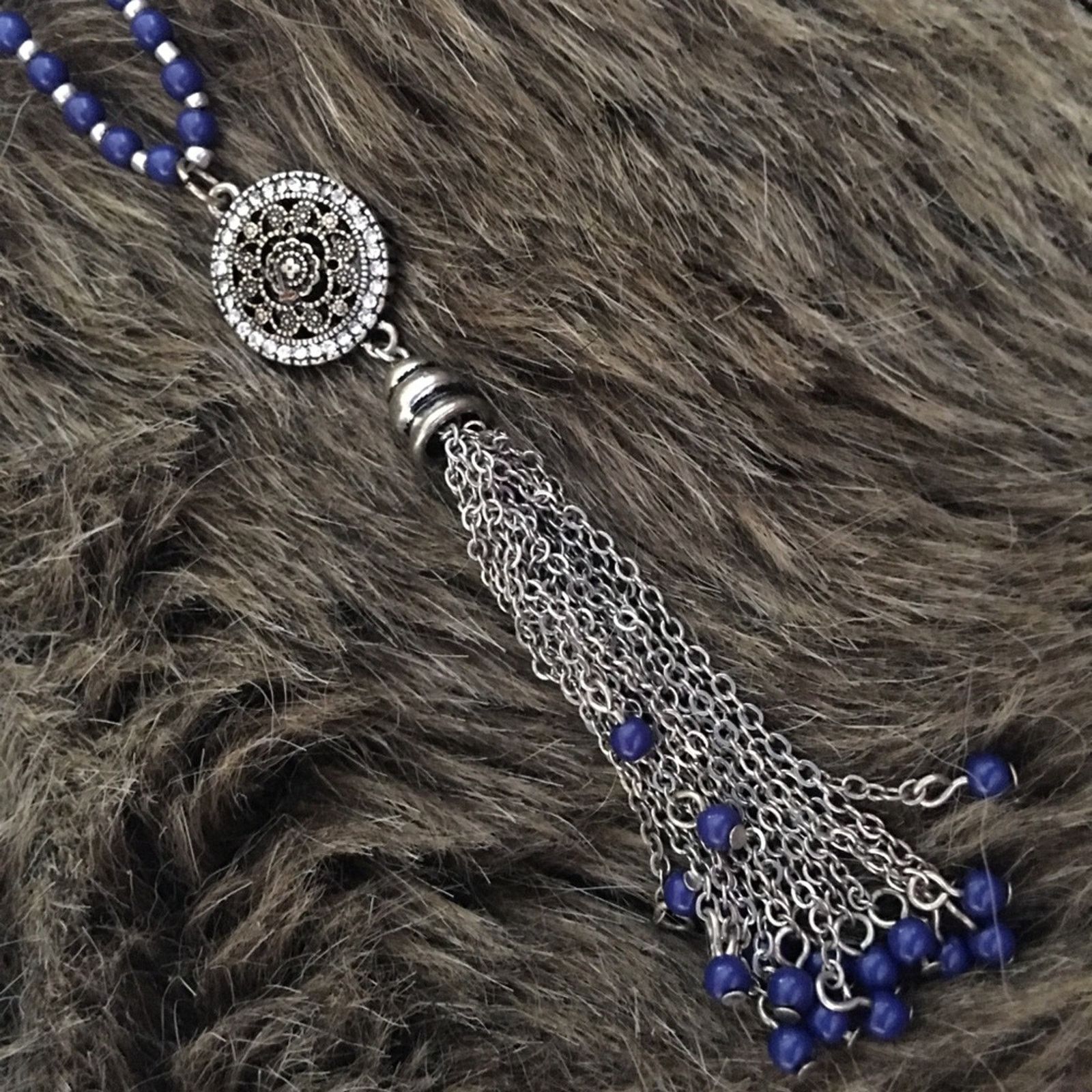 Jewelry Navy and silver beaded tassel rhinestone necklace Size ONE SIZE - 6 Thumbnail