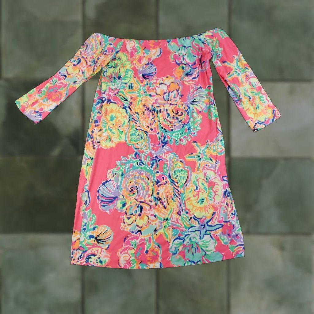 Lilly Pulitzer Lilly Pulitzer Laurana Dress Womens Small Pink Coral Reef Off Shoulder Seashell 3/4 Sleeve Shift Short Beach Tropical Floral Summer Combo Womens Size S / US 4 / IT 40 - 1 Thumbnail