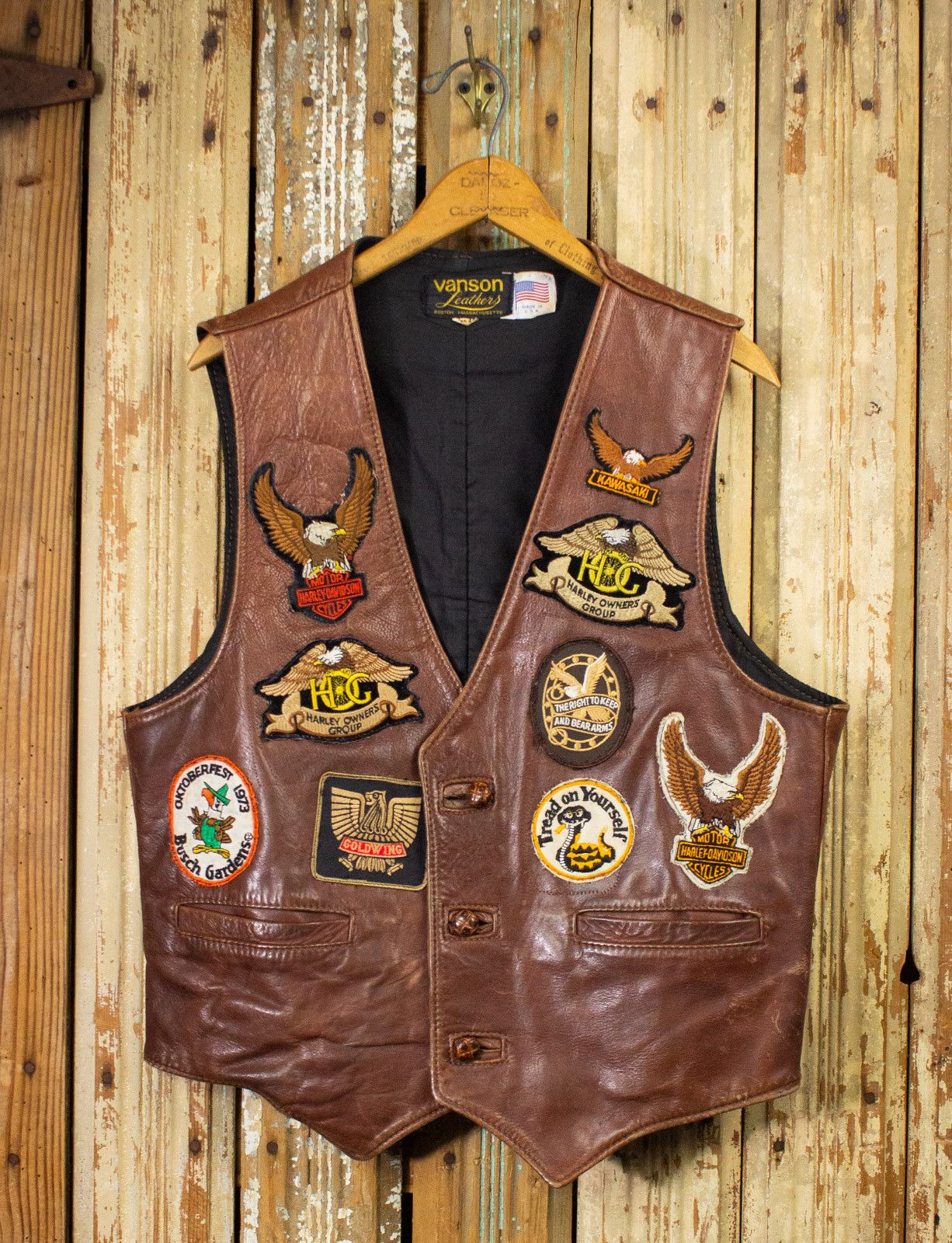 image of Vintage Vanson Brown Leather Vest With Patches 70S, Men's (Size XL)