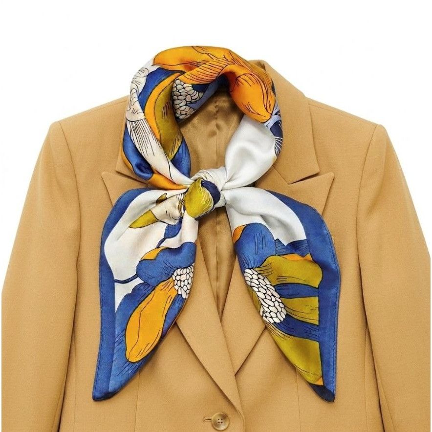 Other ✨Luxury Silky Scarf Orange Navy Blue Geometric Floral Link P Size ONE SIZE - 2 Thumbnail