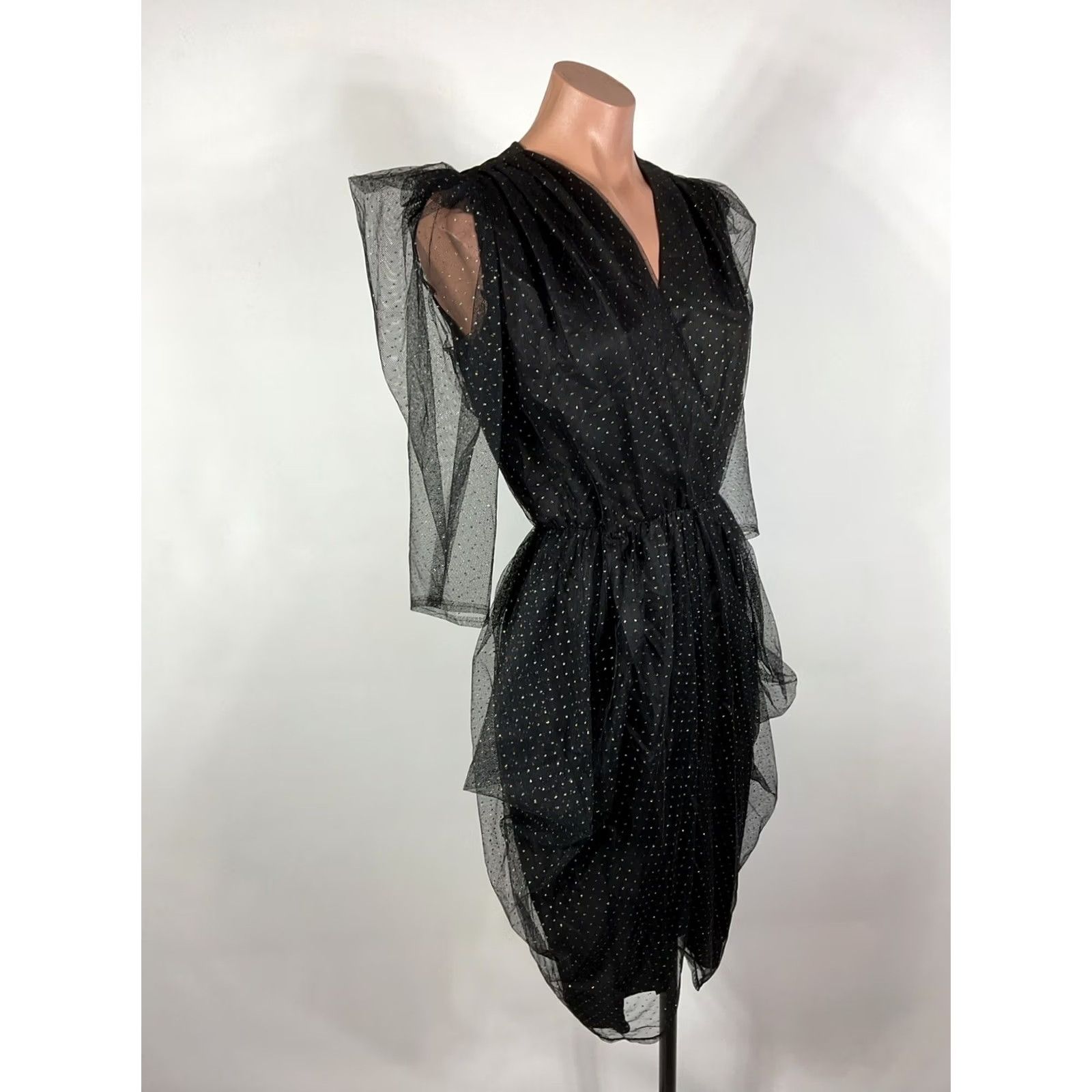Vintage VINTAGE 80s Tulip Hem Black Glitter Dress Puffy Sleeve Mini Dress S/M Prom Party Glenrob LTD Lamé Glam Rock Womens Size S / US 4 / IT 40 - 5 Thumbnail