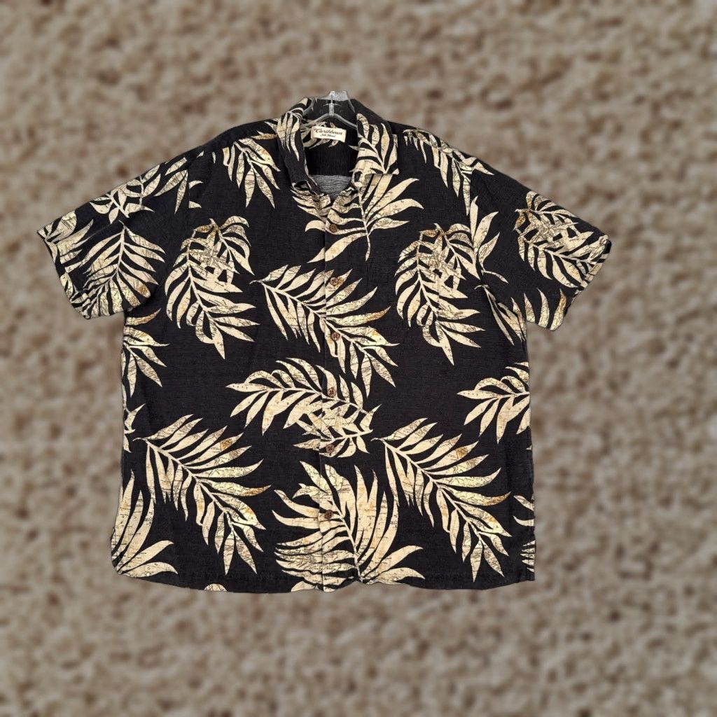 Vintage Caribbean Shirt Men XL Black Leaf Pattern Silk Cotton Blend Hawaiian Shirt Size US XL / EU 56 / 4 - 1 Thumbnail