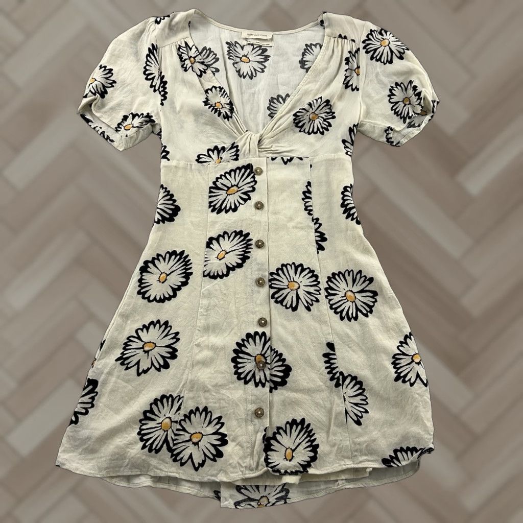 Urban Outfitters Urban Outfitters Dress Women XS Beige Daisy Print Linen Blend Short Size 26" / US 2 / IT 38 - 1 Thumbnail