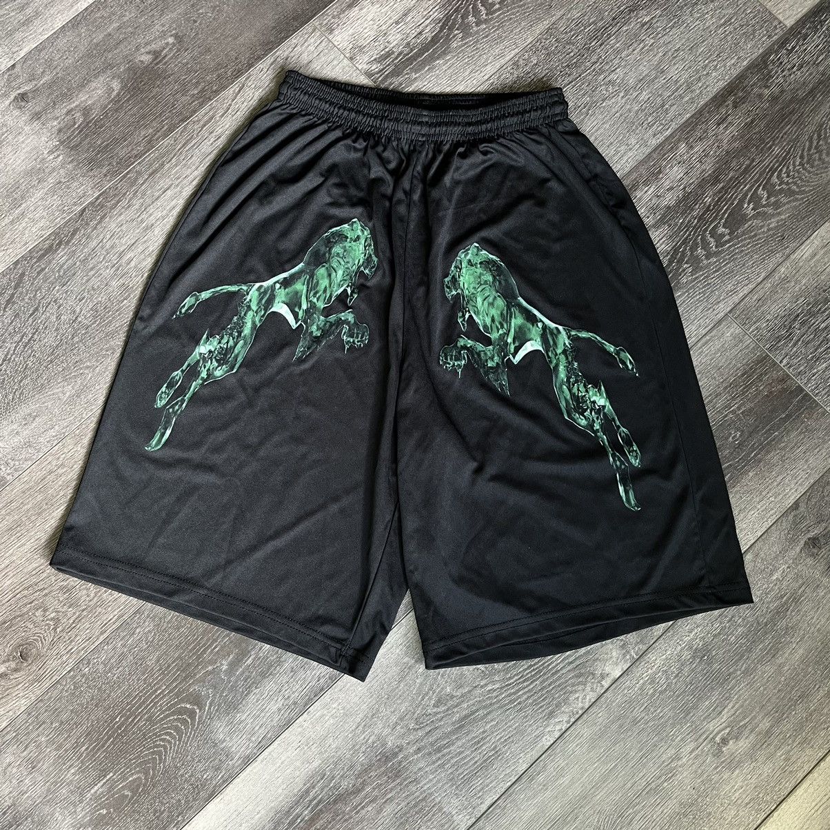 image of Bladee Drain Gang Dg The Fool Black Green Lion Shorts Small, Men's (Size 28)