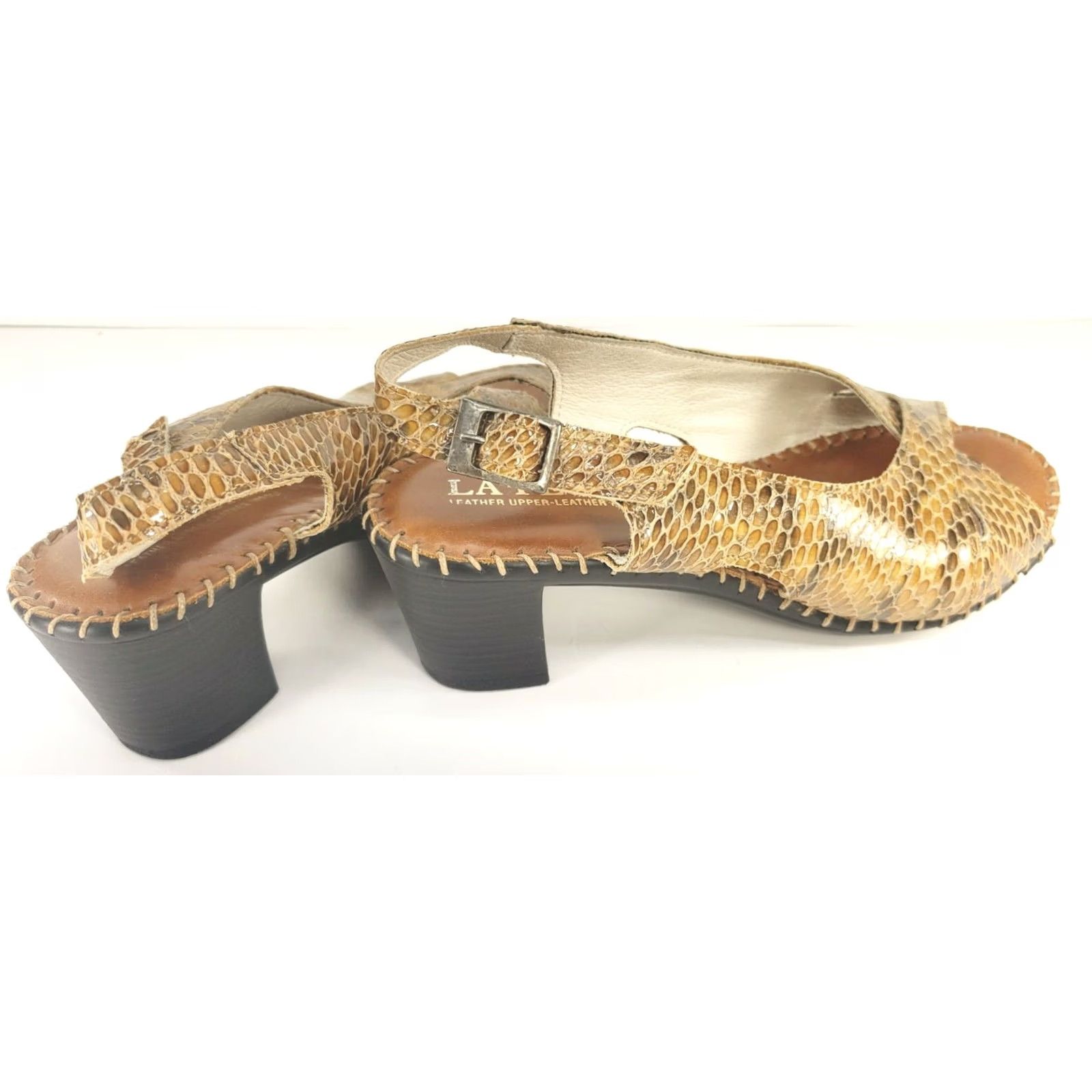 Vintage La Plume Leather Brown Tan Reptile Slingback Heeled Sandals Size 5-5.5M 36EU Women Size US 5.5 / IT 35.5 - 4 Thumbnail