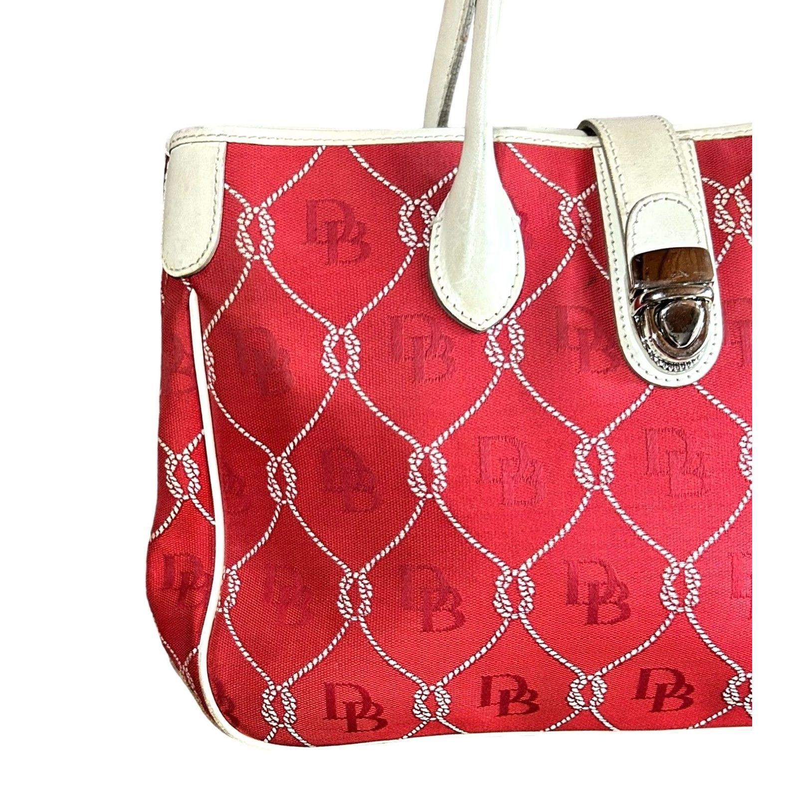 Logo 7 VINTAGE Dooney & Bourke Florentine Monogram Fabric Purse Women’s Shoulder Handbag Bag Red White Leather Canvas Size ONE SIZE - 3 Thumbnail