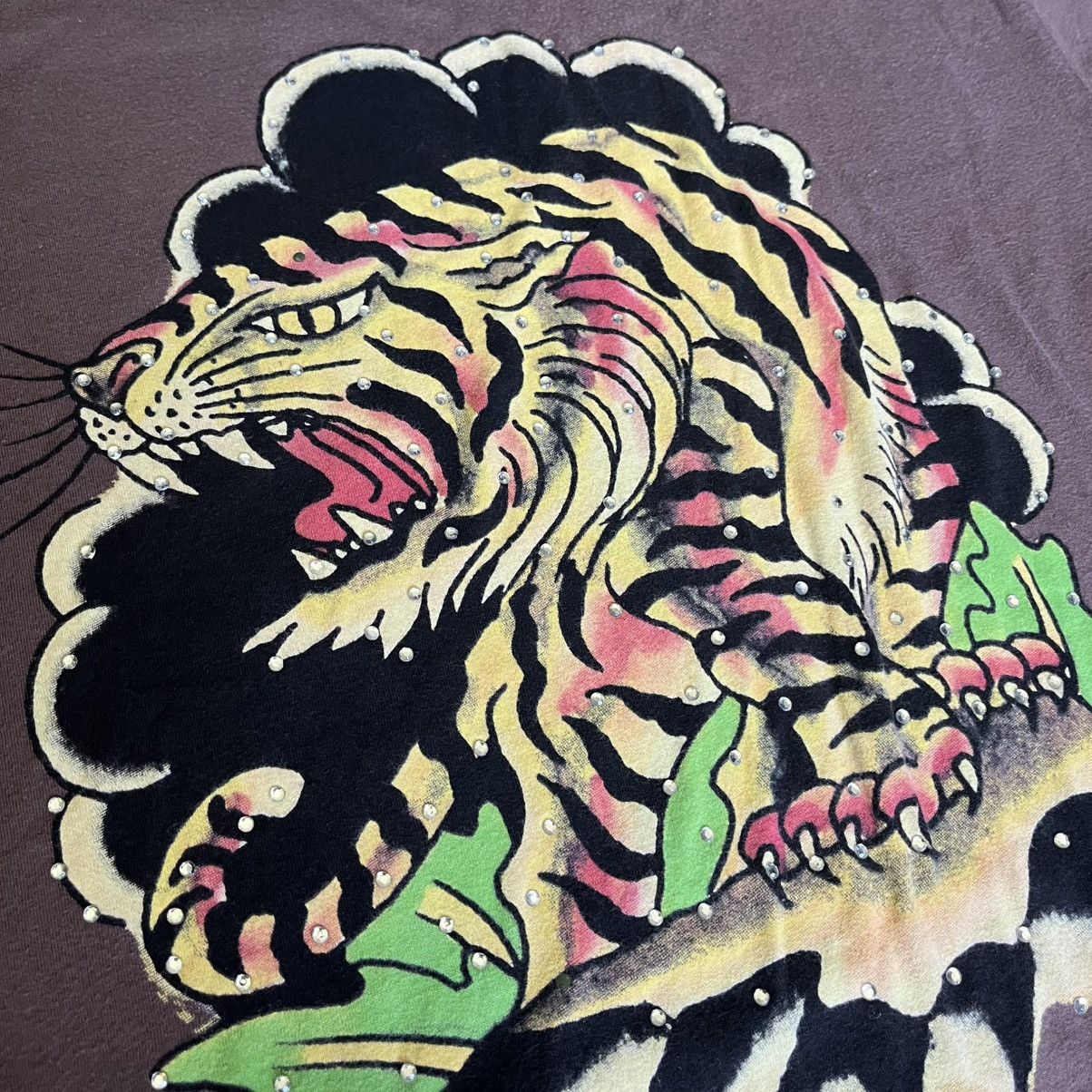 Ed Hardy Vintage 2000s Ed Hardy Studded Rhinestone Tiger Logo T Shirt Size US L / EU 52-54 / 3 - 4 Thumbnail