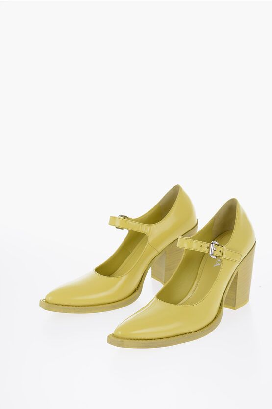 image of Prada Pointed Brushed Leather Maryjanes Heel Shoes 9 Cm in Yellow, Women's (Size 8)