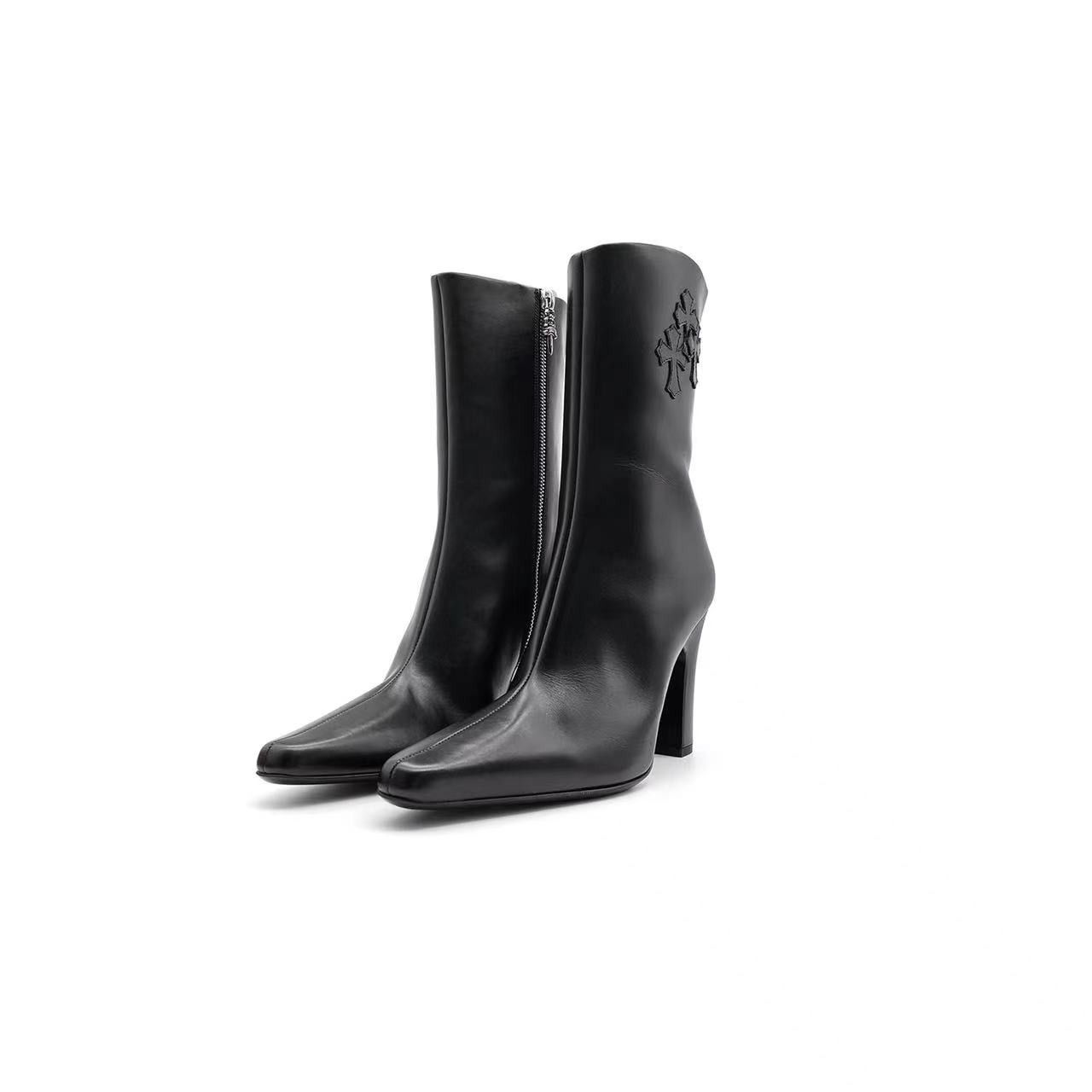image of Chrome Hearts Sugar Jones Cross Leather High Heel Shoes Mid Boots in Black, Women's (Size 7)
