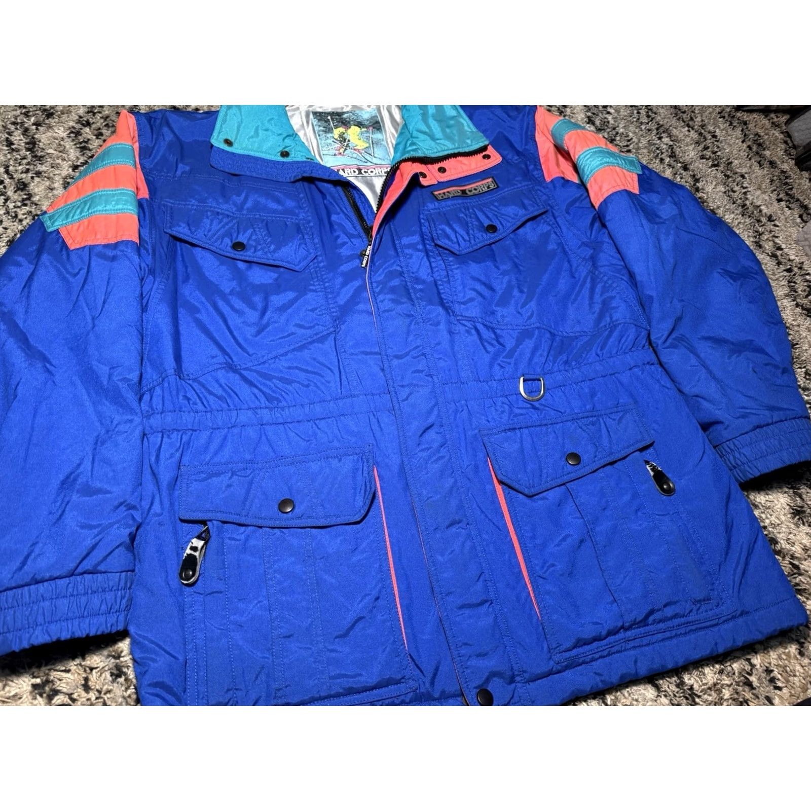 Vintage VINTAGE Hard Corps US Ski Team Jacket Mens Large Bomber Jacket Long Neon Blue Pink Zipped Pockets Hooded Insulated Winter Skiing USA 80s 90s Size US L / EU 52-54 / 3 - 4 Thumbnail