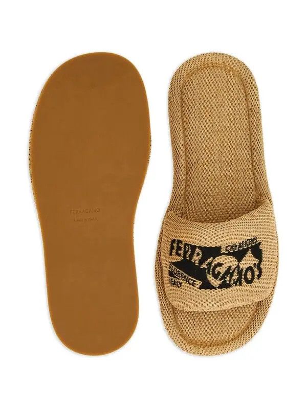 Salvatore Ferragamo o1s1rm1225 Logo-embroidered Raffia Slides in Beige/Black Size US 8 / IT 38 - 5 Thumbnail