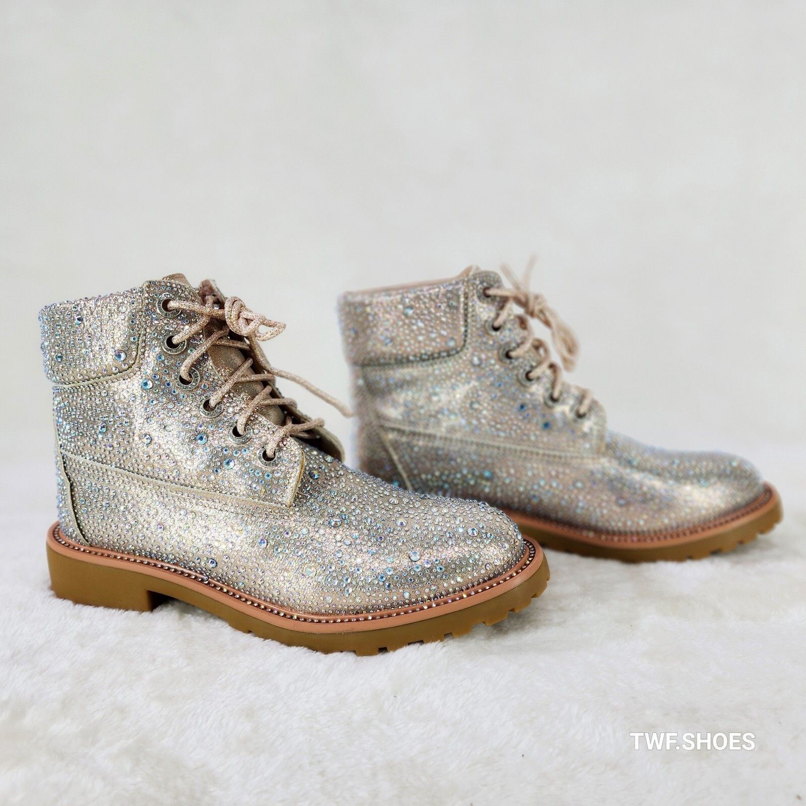 Other Wonder Sparkling Rhinestone Combat Ankle Boots Metallic Rose Size US 8.5 / IT 38.5 - 3 Thumbnail
