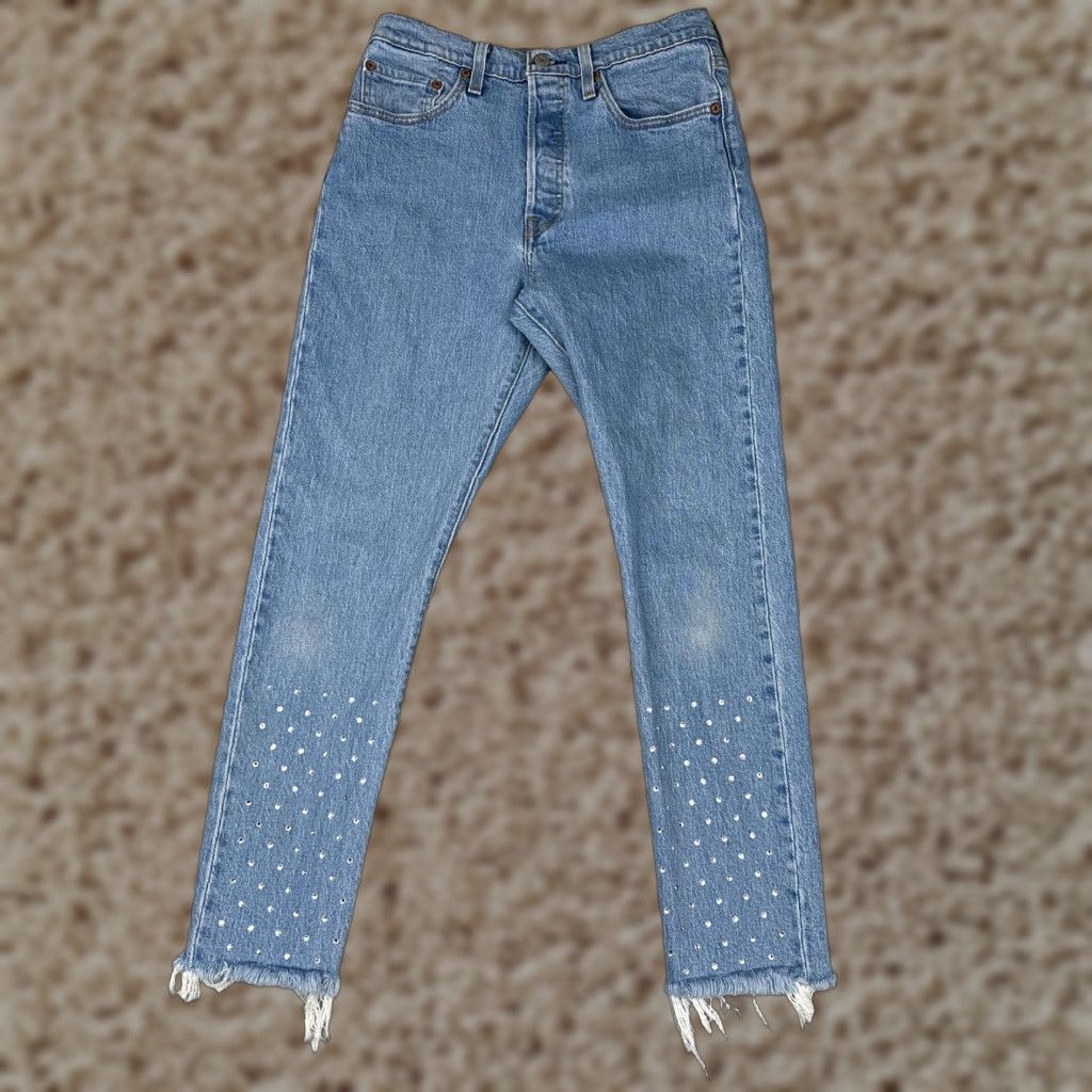 Levi's Levis Jeans Womens 28x28 Blue Denim Premium 501 Skinny Jeweled Mid Rise Cotton Blend Spandex Size 28" / US 6 / IT 42 - 1 Thumbnail