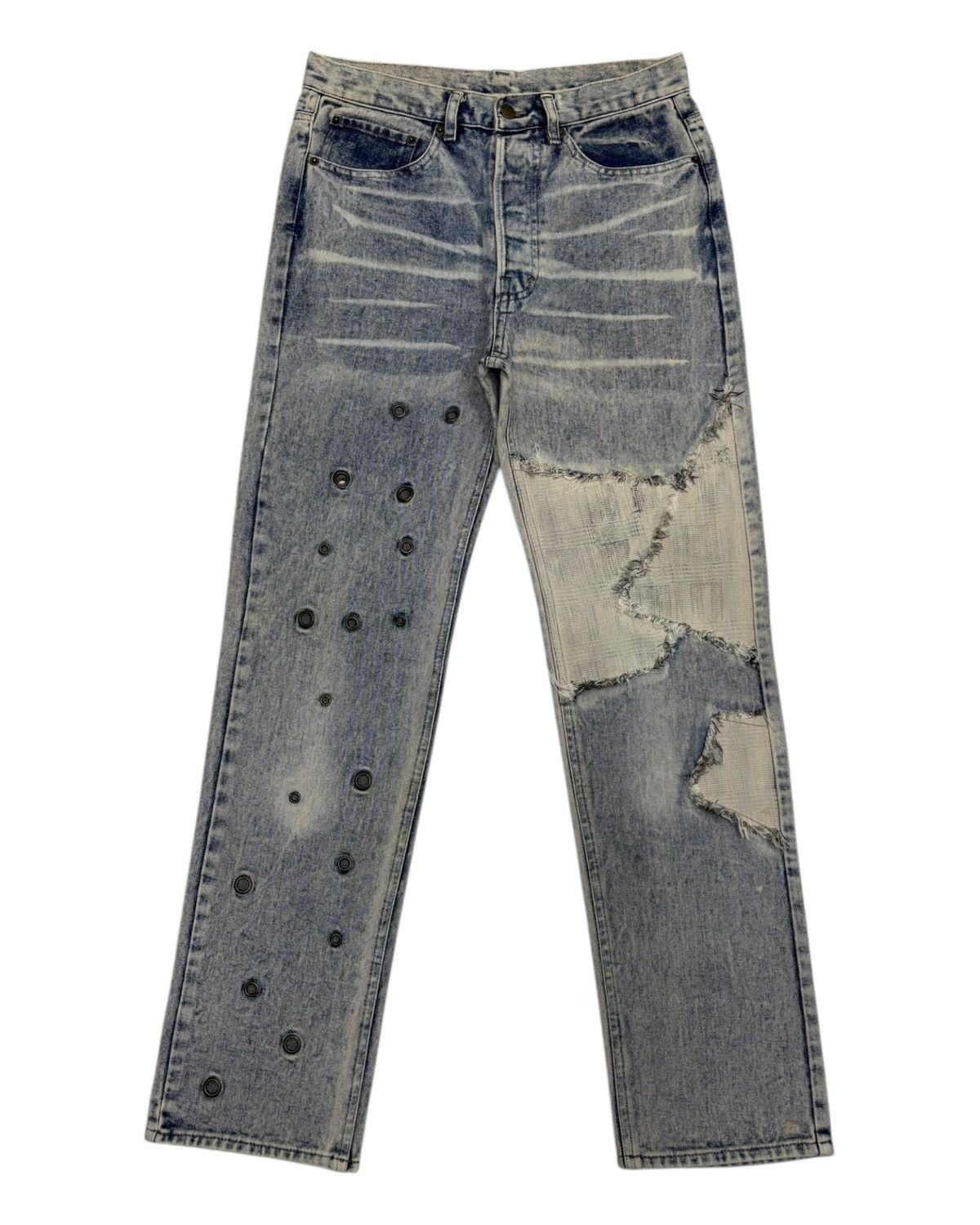 Japanese Brand × Undercover Rulin Distressed Patchwork Grommet Denim Ruin Jeans Size US 31 - 7 Thumbnail