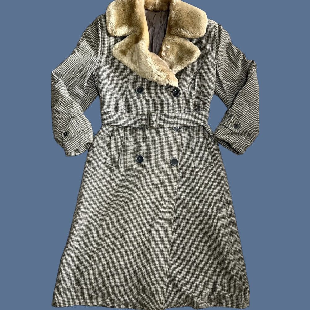 Greats VINTAGE robitshek schneider Great Western Wool Houndstooth Jacket Womens Coat Overcoat S Green Fur Trim Double Breasted Belted Wool Lined Buttoned Size S / US 4 / IT 40 - 1 Thumbnail