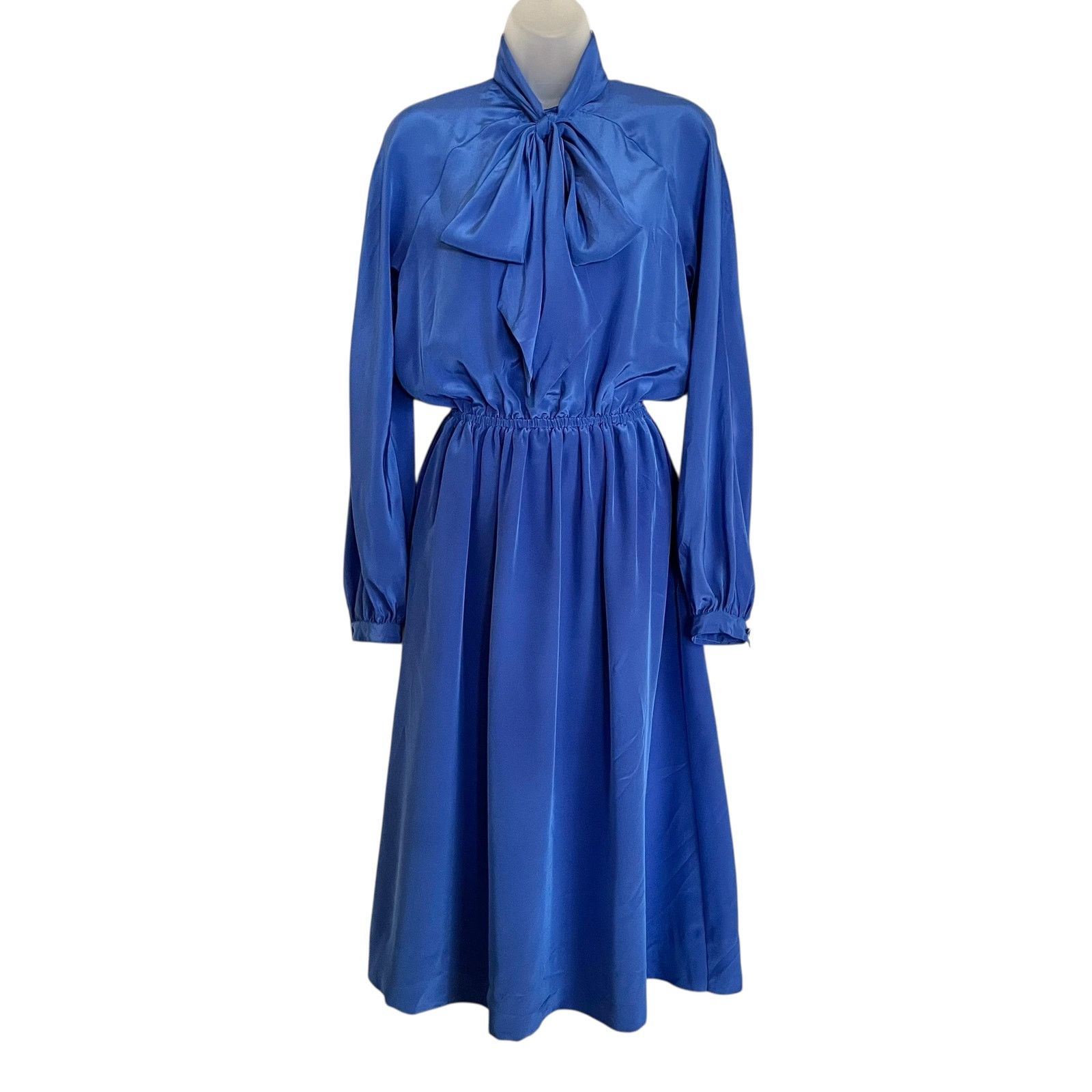 Halston × Vintage Vintage Halston III Blue Satin Tie-Neck Blouson Midi Dress Size XS / US 0-2 / IT 36-38 - 1 Thumbnail