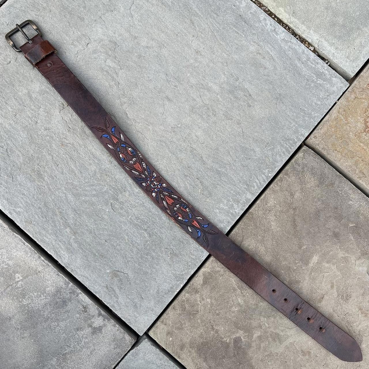 Designer Y2K Hand Tooled/Painted Brown Leather Belt Size ONE SIZE - 2 Thumbnail