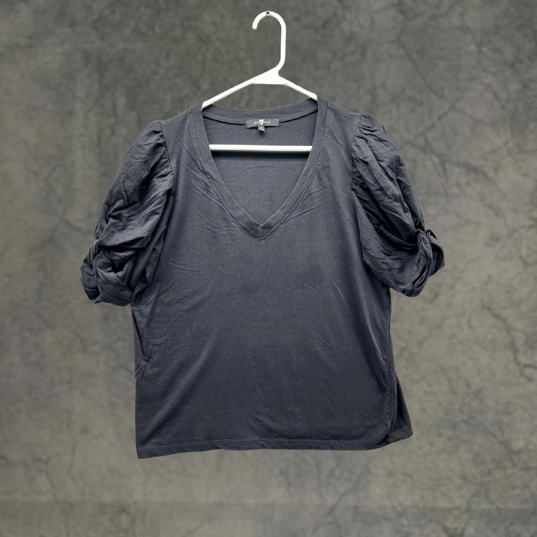 7 For All Mankind 7 For All Mankind Shirt Womens Large Black V Neck Puff Short Sleeve Jersey Top Size L / US 10 / IT 46 - 1 Thumbnail