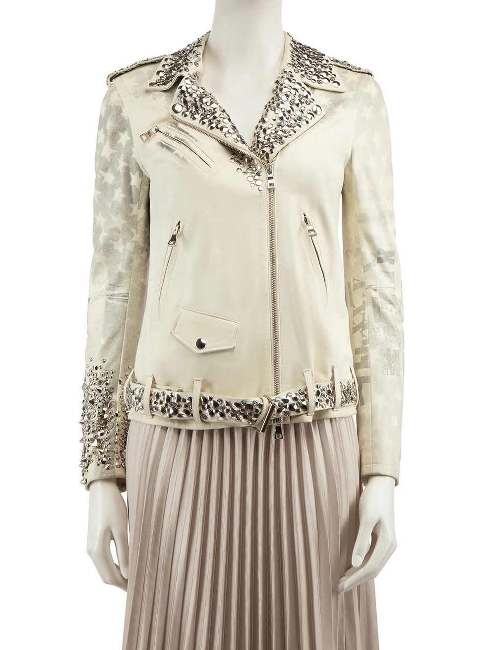 image of Balmain Ecru Leather Safety Pin Stud Biker Jacket, Women's (Size XS)