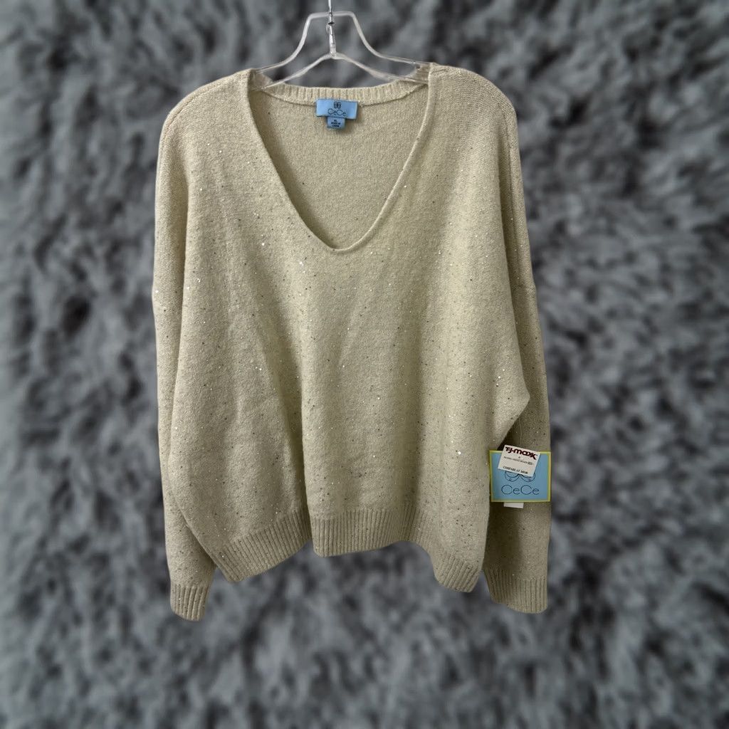 Vintage VINTAGE CeCe Sweater Womens XL Beige V-Neck Sequin Knit Drop Shoulder Pullover L/S NWT Size XL / US 12-14 / IT 48-50 - 1 Thumbnail