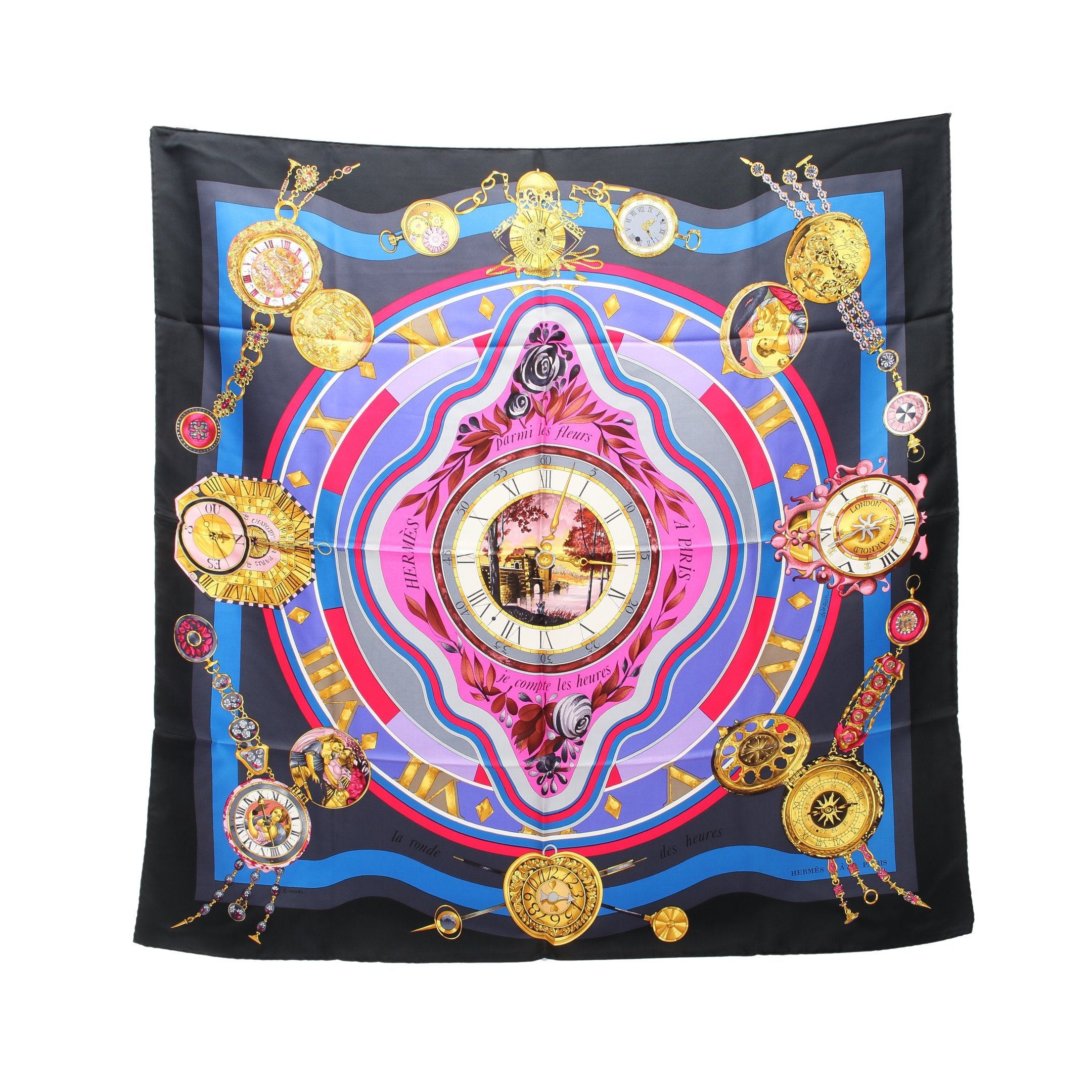 Hermes Hermes Carres 90 Parmi Les Fleurs Je Compte Heures Scarf Silk Black Multicolor Size ONE SIZE - 1 Thumbnail