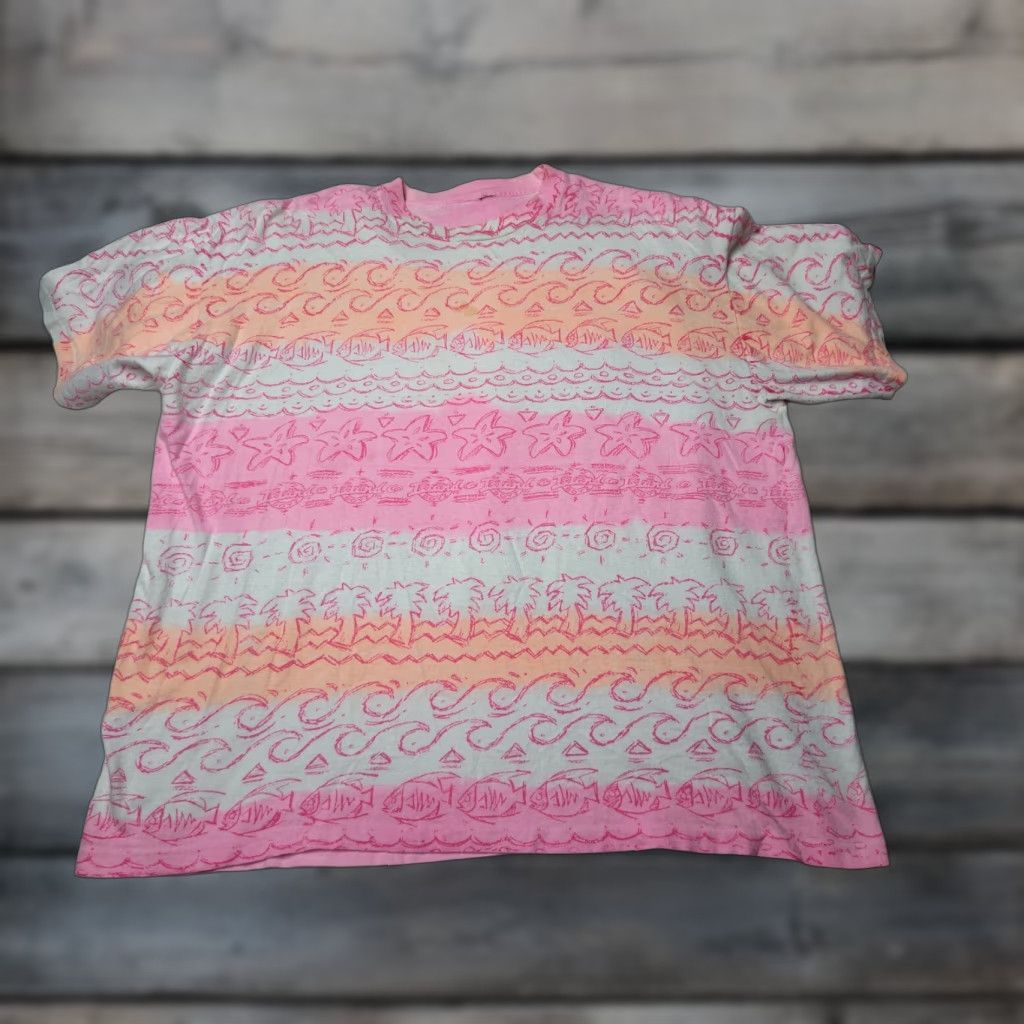 VINTAGE Island Boyz All Over Print Fish Waves T-Shirt Mens 2XL Multicolor 90s Tropical