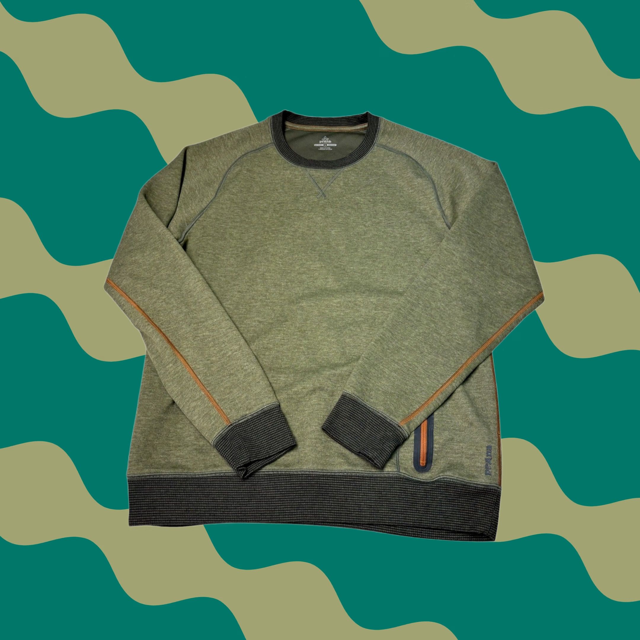 Prana Prana Breathe Mens Crewneck Sweatshirt Olive Green Large Pocket M/L Regular Size US L / EU 52-54 / 3 - 1 Thumbnail